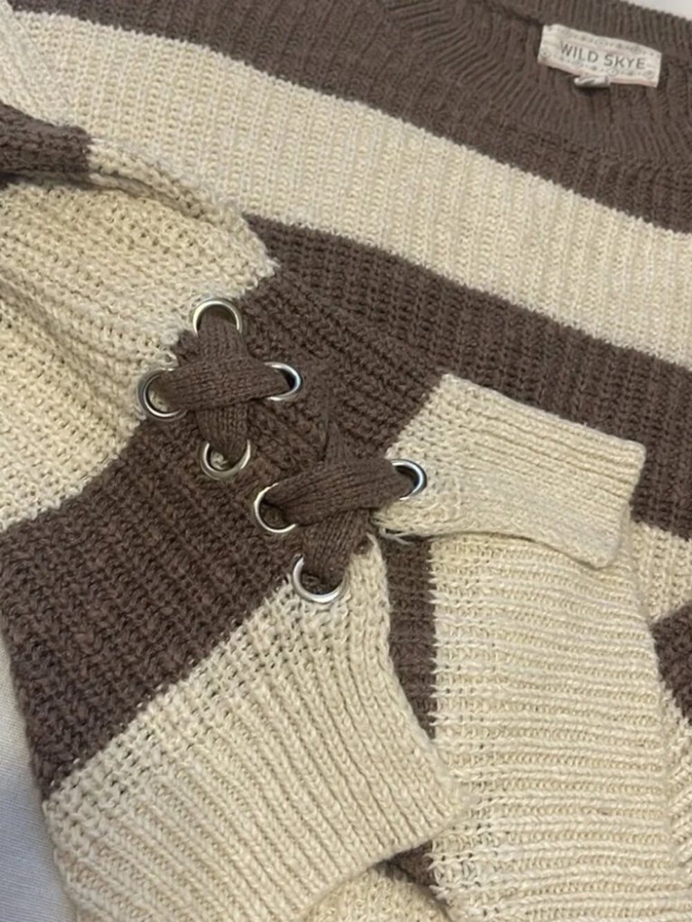 WILD SKYE Side Lace-Up Striped Knit Sweater - Size Medium